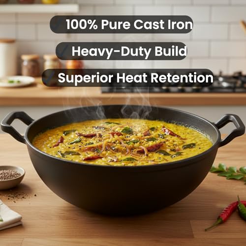 Omichef Pre-Seasoned Cast Iron Kadai with Curved Handle | 25cm / 9.8 Inch, 3.2L (3.3kg) | Induction Friendly | Naturally Non-Stick, Pure & Toxin-Free | Heavy Cast Iron Kadhai No Chemical Coating - Image 3