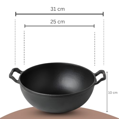 Omichef Pre-Seasoned Cast Iron Kadai with Curved Handle | 25cm / 9.8 Inch, 3.2L (3.3kg) | Induction Friendly | Naturally Non-Stick, Pure & Toxin-Free | Heavy Cast Iron Kadhai No Chemical Coating - Image 4