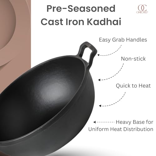 Omichef Pre-Seasoned Cast Iron Kadai with Curved Handle | 25cm / 9.8 Inch, 3.2L (3.3kg) | Induction Friendly | Naturally Non-Stick, Pure & Toxin-Free | Heavy Cast Iron Kadhai No Chemical Coating - Image 2