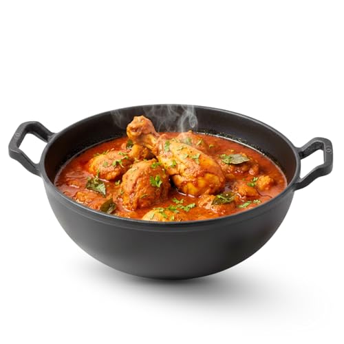 Omichef Pre-Seasoned Cast Iron Kadai with Curved Handle | 25cm / 9.8 Inch, 3.2L (3.3kg) | Induction Friendly | Naturally Non-Stick, Pure & Toxin-Free | Heavy Cast Iron Kadhai No Chemical Coating - Image 1
