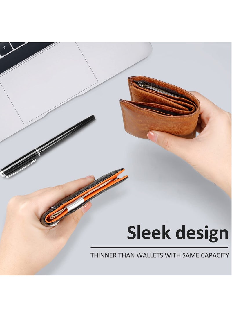 Slim RFID Blocking Men's Wallet with Money Clip & ID Window - Minimalist Bifold Leather Credit Card Holder in Gift Box (Black & Orange)