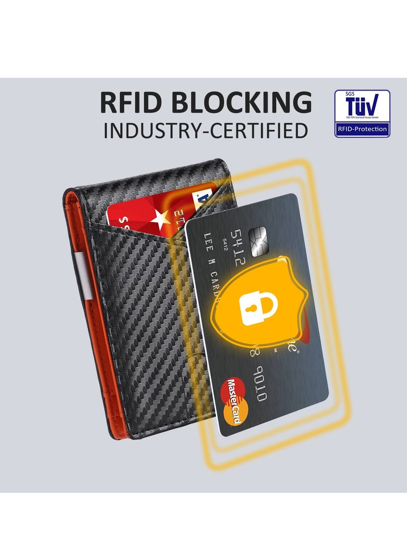 Slim RFID Blocking Men's Wallet with Money Clip & ID Window - Minimalist Bifold Leather Credit Card Holder in Gift Box (Black & Orange)
