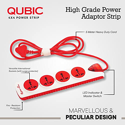 Fybros Qubic 4X4 Extension Cord, Power Strip with International Sockets Extension,10 AMP Output, 2 Year Warranty, 5 Meter Heavy Duty Cable, Surge-Spike Guard - Made in India - Image 2