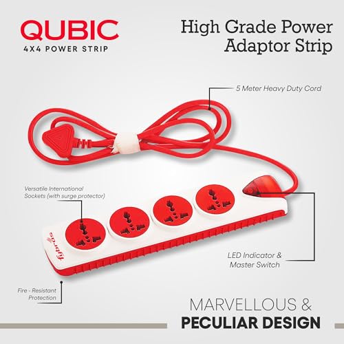 Fybros Qubic 4X4 Extension Cord, Power Strip with International Sockets Extension,10 AMP Output, 2 Year Warranty, 5 Meter Heavy Duty Cable, Surge-Spike Guard - Made in India - Image 5