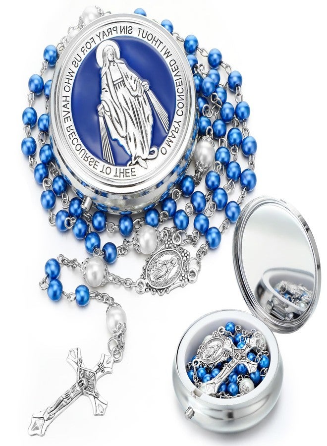 Loetere 12 Set Rosary Catholic for Women Pearl Rosary Bead with Metal Gift Box First Communion Baptism Christian Gift(Blue) - Image 1