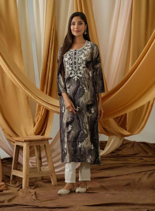 دي دبليو Floral Embroidered Round Neck Straight Kurta by Styli