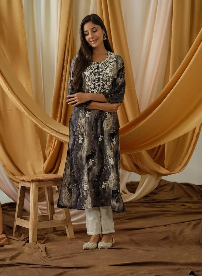 DW DW Floral Embroidered Round Neck Straight Kurta