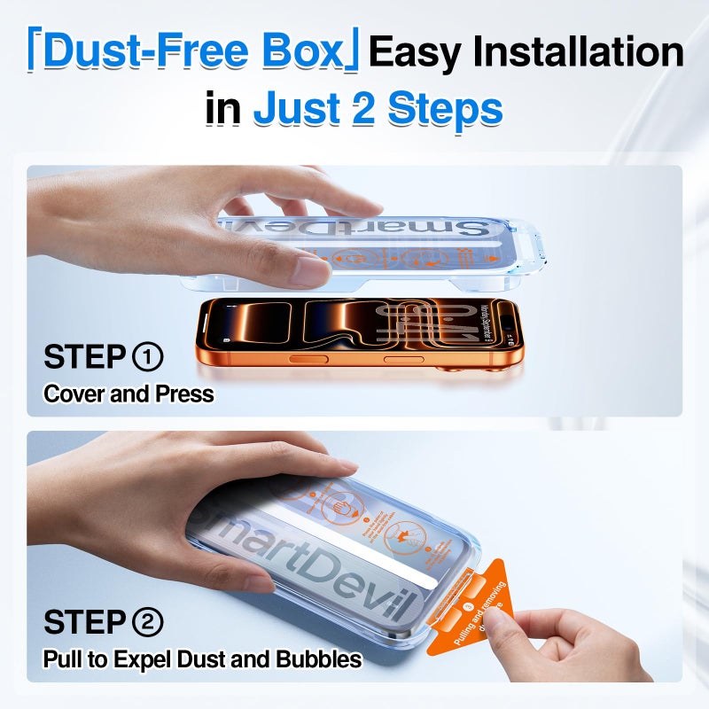 SMARTDEVIL 2 Pack for iPhone 17 Pro Max Screen Protector, 9H Hardness Military Grade Shatterproof, HD Clear Tempered Glass with Auto Dust-Elimination, Bubble Free, Easy Installation, Case Friendly - Image 2