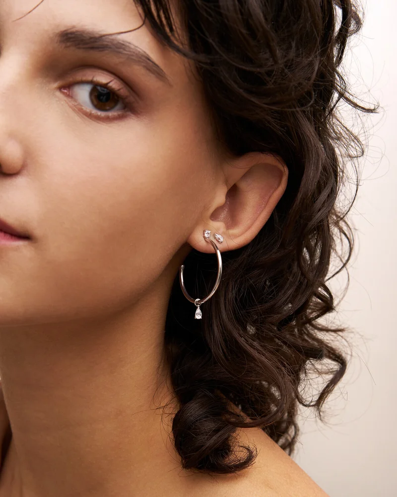 Rue Des Mill Mini drop pendant thin hoop earrings - SHAPES - Rhodium