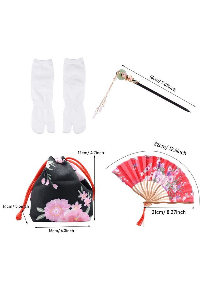 PLULON 5Pcs Japanese Dress Kimonos for Women Geisha Dress Yukata Japanese Robe Costume Blossom Satin Bathrobe with Drawstring Bag Hand Fan Hairpin Tabi Socks Set for Women  - Image 5