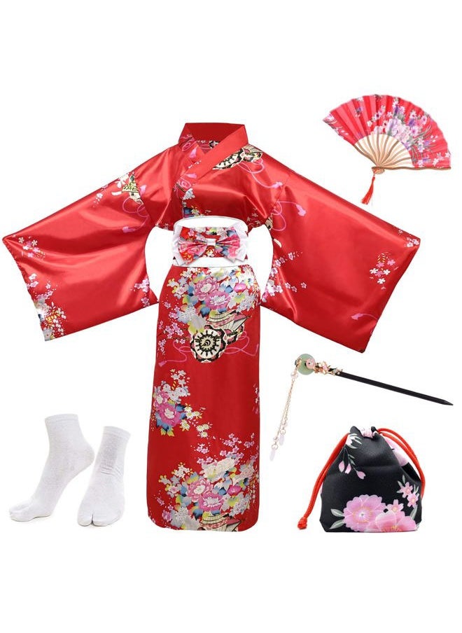 PLULON 5Pcs Japanese Dress Kimonos for Women Geisha Dress Yukata Japanese Robe Costume Blossom Satin Bathrobe with Drawstring Bag Hand Fan Hairpin Tabi Socks Set for Women  - Image 1
