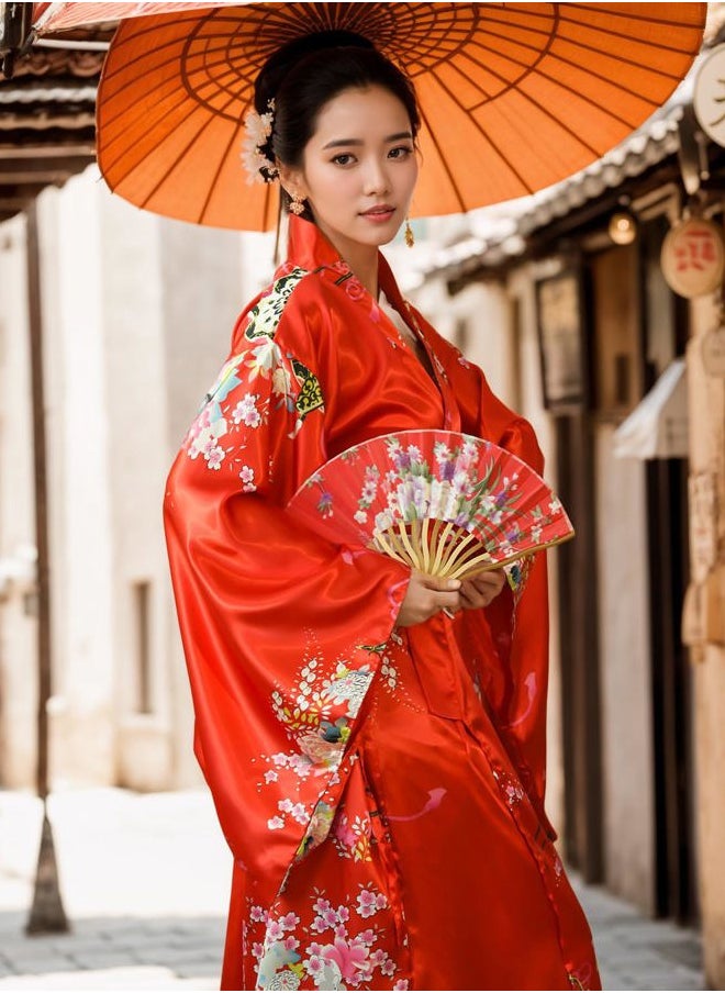 PLULON 5Pcs Japanese Dress Kimonos for Women Geisha Dress Yukata Japanese Robe Costume Blossom Satin Bathrobe with Drawstring Bag Hand Fan Hairpin Tabi Socks Set for Women  - Image 2