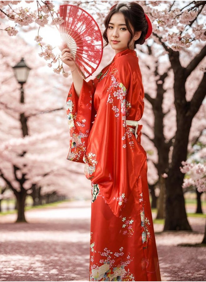 PLULON 5Pcs Japanese Dress Kimonos for Women Geisha Dress Yukata Japanese Robe Costume Blossom Satin Bathrobe with Drawstring Bag Hand Fan Hairpin Tabi Socks Set for Women  - Image 4