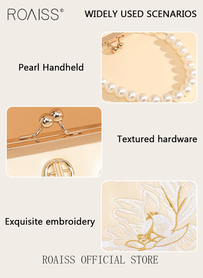 Floral Embroidery Pearl Chain Flap Bag for Women Exquisite Crossbody Shoulder Bags Ladies Elegant Retro Handbag with Gift Bag Gifts for Mom Wife and Bridal for Birthday Anniversary and Wedding