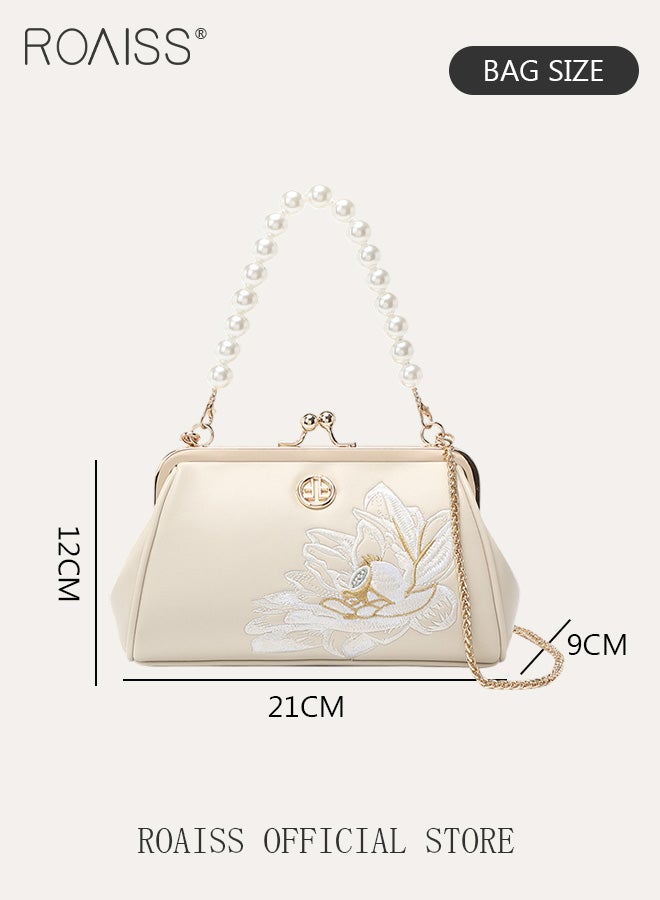 Floral Embroidery Pearl Chain Flap Bag for Women Exquisite Crossbody Shoulder Bags Ladies Elegant Retro Handbag with Gift Bag Gifts for Mom Wife and Bridal for Birthday Anniversary and Wedding