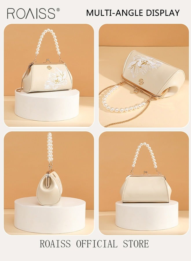 Floral Embroidery Pearl Chain Flap Bag for Women Exquisite Crossbody Shoulder Bags Ladies Elegant Retro Handbag with Gift Bag Gifts for Mom Wife and Bridal for Birthday Anniversary and Wedding