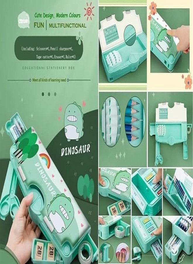 Ranjkri Magnet Multifunctional Pencil Compass/Geometry Pencil Box for Kids/School with Inbuilt Scissor, Ruler, Eraser and Sharpener (Dinosaour Pencil Box) - Image 5