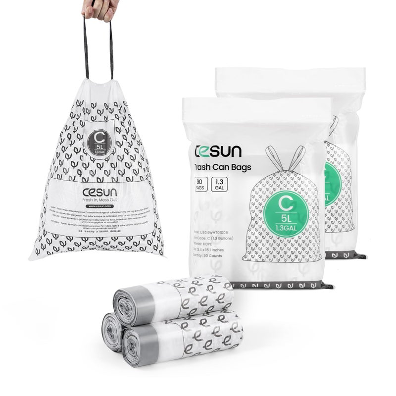 Cesun Code C Drawstring Trash Bags 90 Count, Pre Cut 1.3 Gallon / 5 Liter Small Trash Can Liners, White - Image 1