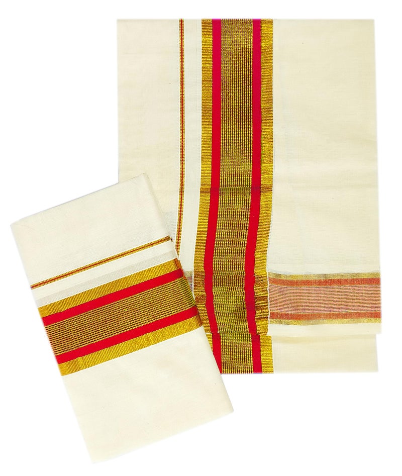 YETTALAN® Women's Kerala Traditional Cotton Set Mundu Cream Color with Fancy Border (ORANGE) - Image 3
