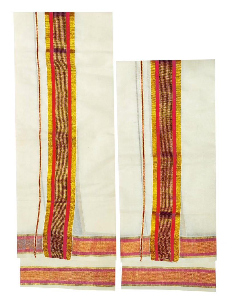 YETTALAN® Women's Kerala Traditional Cotton Set Mundu Cream Color with Fancy Border (ORANGE) - Image 2