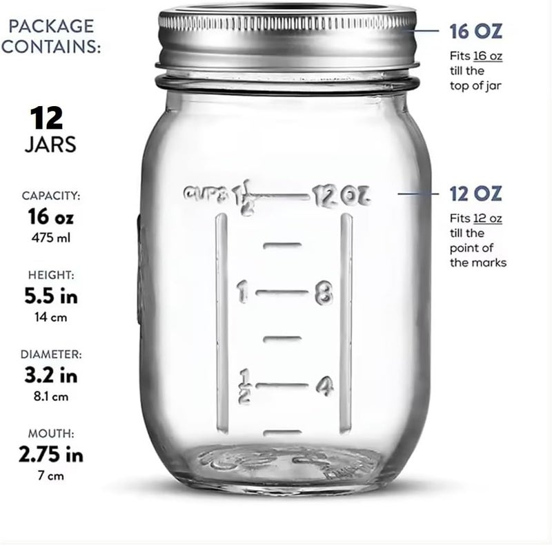 12 Pack 16oz Mason Jars with Lids, Thick Glass Canning Jars with Stainless Steel Lids, Canning Jars for Food Storage, Overnight Oats, Dry Food, Snacks, Candies, DIY Projects - Image 2