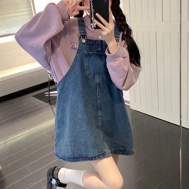 Summer Fresh Denim Jumper Skirt, Loose A-Line Dress Blue 