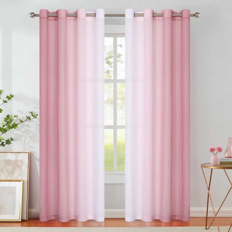 Purainbow Chiffon Sheer Ombre Curtains for Living Room, Grommet Special Crinkle Gradient Pink Semi Sheer Window Treatments Privacy with Light for Bedroom Kids Room, All Season, 52"x63"x2 - Image 1