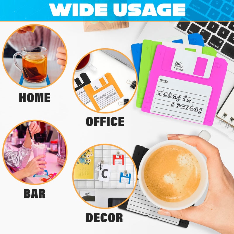 DIMROM 6 Pcs Floppy Disk Coaster - 6 Bright Colors Pack of 3.54x3.54x0.2 Funny Coasters for Adults Made of Durable, Flexible, Waterproof Silicone Suited for Marker Inscriptions - Cute 90s Nostalgia Gifts - Image 4
