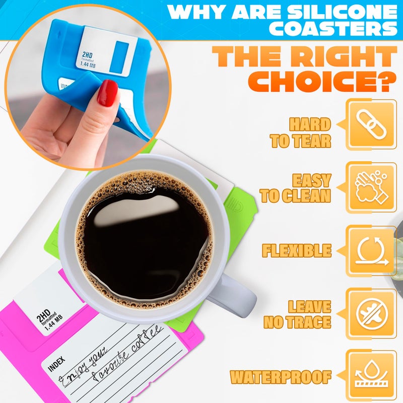 DIMROM 6 Pcs Floppy Disk Coaster - 6 Bright Colors Pack of 3.54x3.54x0.2 Funny Coasters for Adults Made of Durable, Flexible, Waterproof Silicone Suited for Marker Inscriptions - Cute 90s Nostalgia Gifts - Image 3