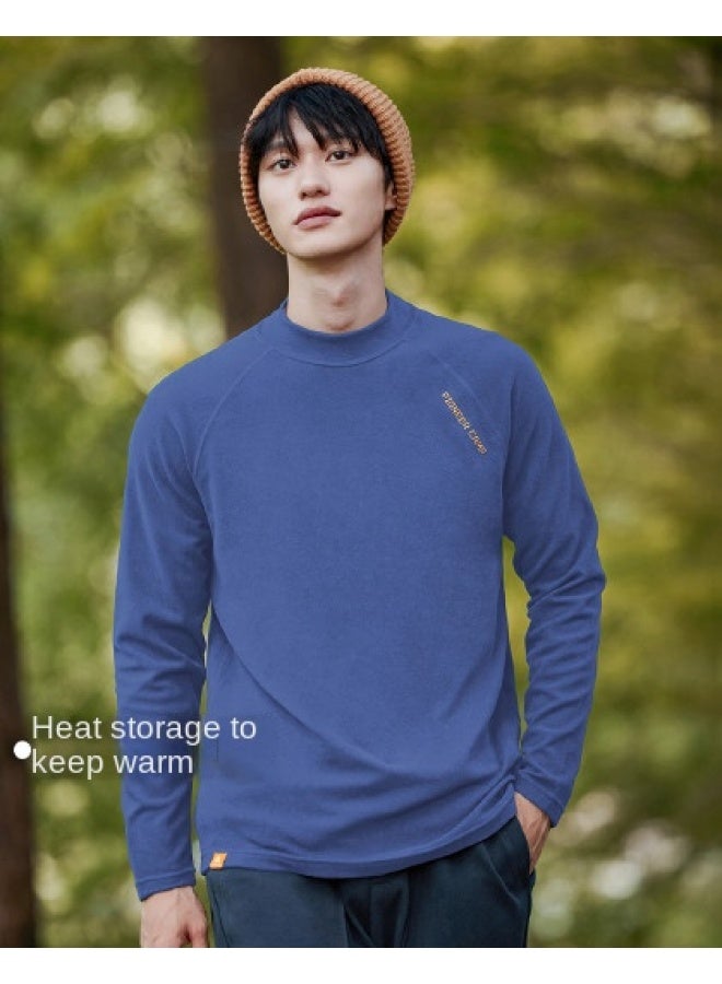 Semi-high Neck Long Sleeve T-shirt For Men, Autumn Style, Raglan Sleeve Design, Warm Thermal Undershirt, Embroidered Pullover Top For Layering - Image 1