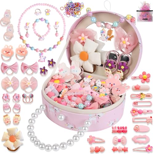 velachuan Princess Jewelry Box for Girls with Hair Accessories,Girls Hair Clips Bows Set, Fashion Hair Styling Kit with Mirror,Pink Sparkle Trinket Box Includes Hair Clips (Flower) - Image 1