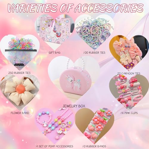 velachuan Princess Jewelry Box for Girls with Hair Accessories,Girls Hair Clips Bows Set, Fashion Hair Styling Kit with Mirror,Pink Sparkle Trinket Box Includes Hair Clips (Flower) - Image 3