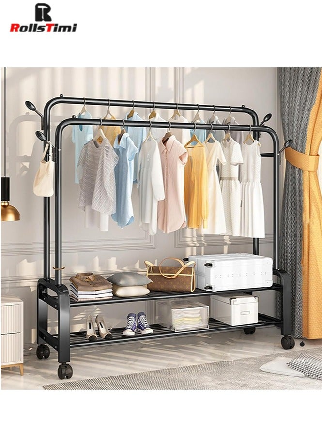 RollsTimi  Double Rods Clothes Rack with Wheels, Rolling Clothing Garment Rack with 2 Bottom Shelves & 4 Side Hooks, Heavy Duty Clothes Organizer for Bedroom, Laundry, Living Room, Black - Image 1
