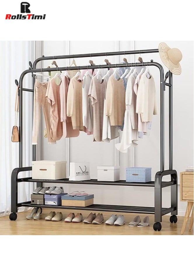 RollsTimi  Double Rods Clothes Rack with Wheels, Rolling Clothing Garment Rack with 2 Bottom Shelves & 4 Side Hooks, Heavy Duty Clothes Organizer for Bedroom, Laundry, Living Room, Black - Image 2