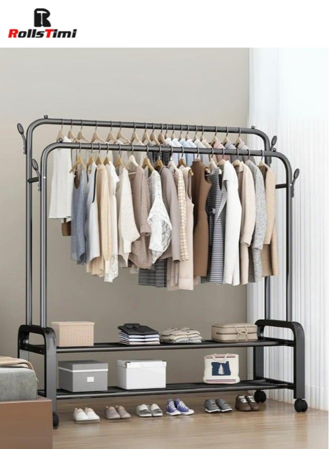 RollsTimi  Double Rods Clothes Rack with Wheels, Rolling Clothing Garment Rack with 2 Bottom Shelves & 4 Side Hooks, Heavy Duty Clothes Organizer for Bedroom, Laundry, Living Room, Black - Image 3