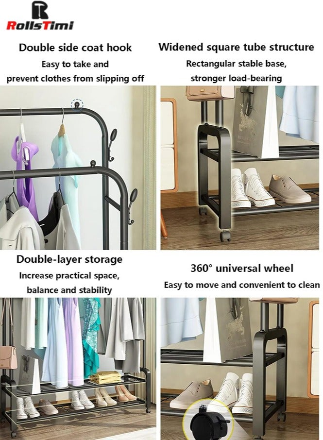 RollsTimi  Double Rods Clothes Rack with Wheels, Rolling Clothing Garment Rack with 2 Bottom Shelves & 4 Side Hooks, Heavy Duty Clothes Organizer for Bedroom, Laundry, Living Room, Black - Image 4