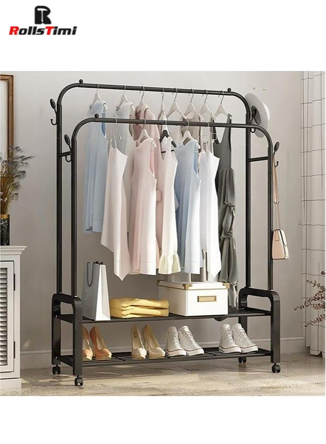 RollsTimi  Double Rods Clothes Rack with Wheels, Rolling Clothing Garment Rack with 2 Bottom Shelves & 4 Side Hooks, Heavy Duty Clothes Organizer for Bedroom, Laundry, Living Room, Black - Image 5
