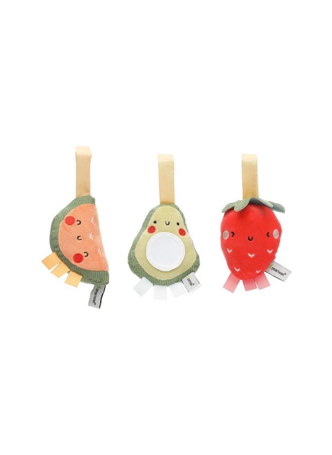 pearhead Pearhead Fruit Stroller Toys, Plush Interactive Toy Set for Baby Car Seat with Hanging Mirror, Babyu Car Mirror Toys, Strawberry Avocado Watermelon, Set of 3  - Image 1