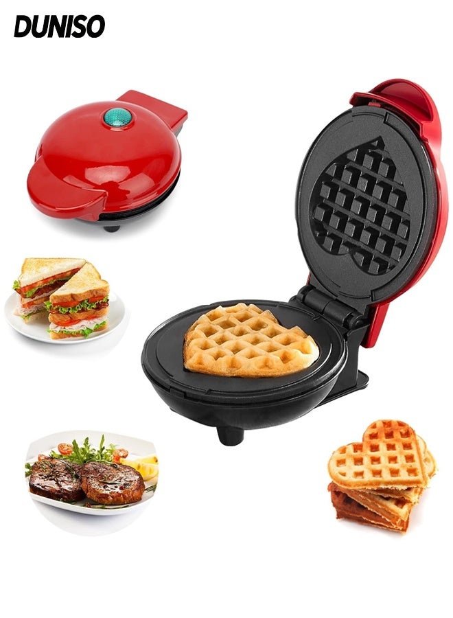 DUNISO Mini Waffle Maker with Indicator Lights,Easy to Clean, Non-Stick Surface, Electric Sandwich Machine for Breakfast, Dessert,  Pancakes or Other Snacks, Red - Image 1
