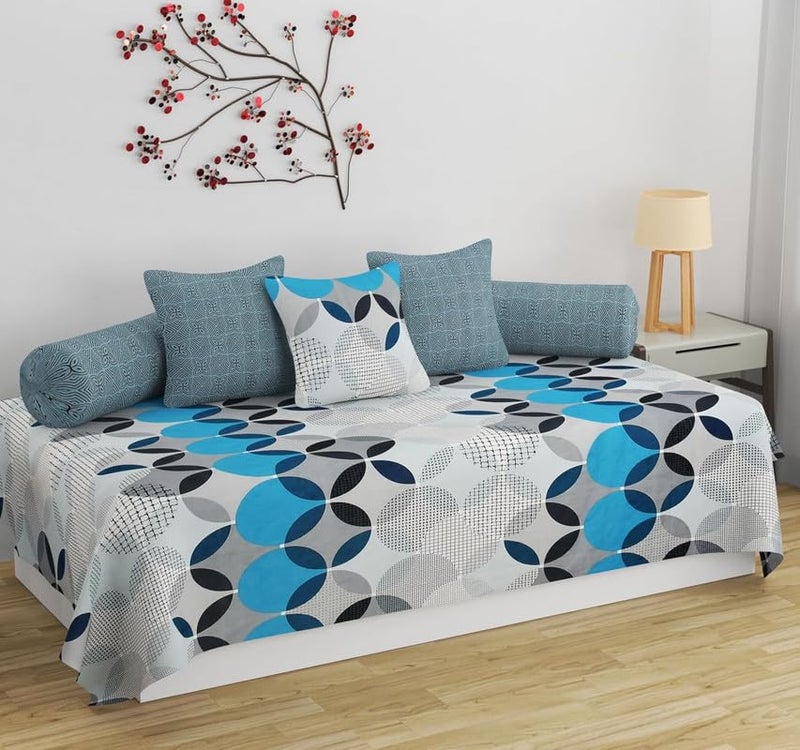 diwan Set for Living Room, diwan Set Covers Glace Cotton, Designer diwan Set 8 Pieces (1 Single Bedsheet, 5 Cushion Covers, 2 Bolster Covers, Color- White Grey)