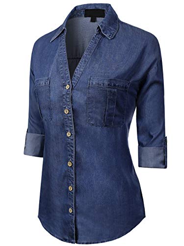 MixMatchy Women's Casual Basic Roll Up Sleeve Denim Chambray V-Neck Tencel Button Down Shirt Dark Denim 2XL - Image 2