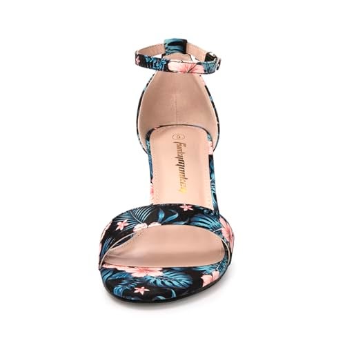 FUNKYMONKEY Women's Chunky High Heels Sandals,Two Strap Open Toe Ankle Strap Heeled Sandal,Party Wedding Strappy Buckle Sandals(8 M US, Black Flower) - Image 3