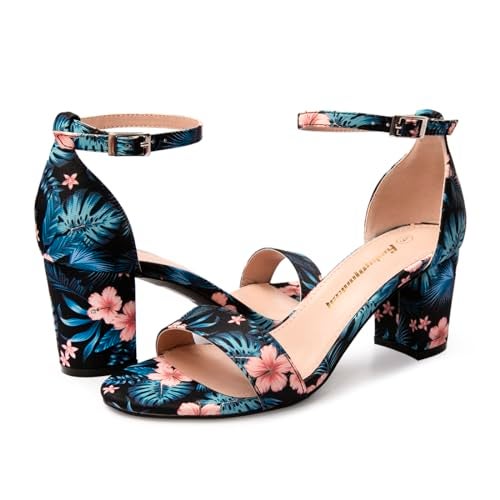 FUNKYMONKEY Women's Chunky High Heels Sandals,Two Strap Open Toe Ankle Strap Heeled Sandal,Party Wedding Strappy Buckle Sandals(8 M US, Black Flower) - Image 5