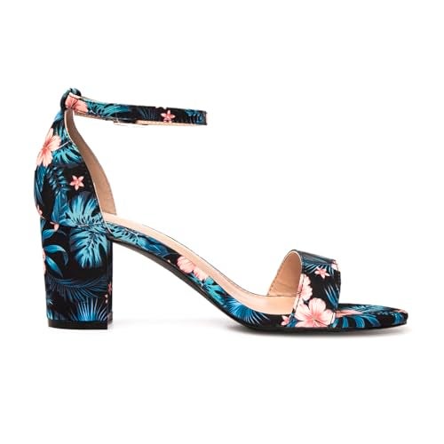 FUNKYMONKEY Women's Chunky High Heels Sandals,Two Strap Open Toe Ankle Strap Heeled Sandal,Party Wedding Strappy Buckle Sandals(8 M US, Black Flower) - Image 2