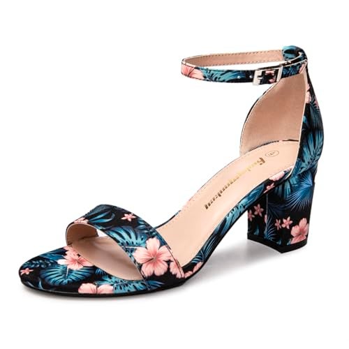 FUNKYMONKEY Women's Chunky High Heels Sandals,Two Strap Open Toe Ankle Strap Heeled Sandal,Party Wedding Strappy Buckle Sandals(8 M US, Black Flower) - Image 1