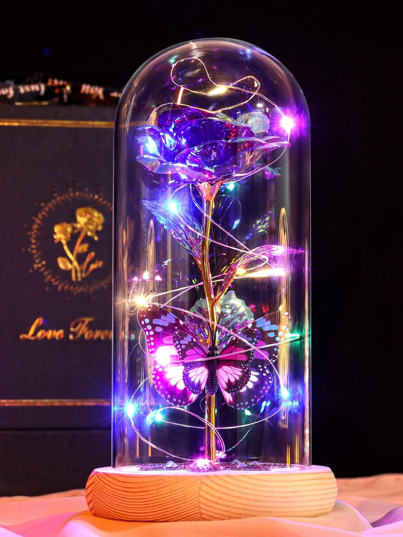 Beferr Beferr Gifts for Women Birthday Gifts Galaxy Rose Eternal Flower Gift Light Up Rose with Butterfly in Glass Dome Mothers Day Ideas Gifts for Grandma Wife Sister Friends Purple - Image 1