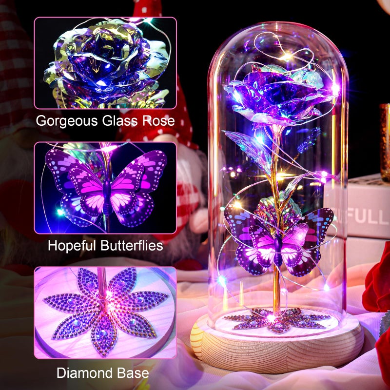 Beferr Beferr Gifts for Women Birthday Gifts Galaxy Rose Eternal Flower Gift Light Up Rose with Butterfly in Glass Dome Mothers Day Ideas Gifts for Grandma Wife Sister Friends Purple - Image 2