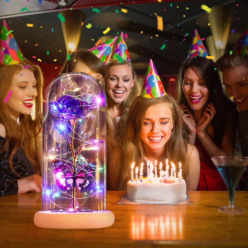 Beferr Beferr Gifts for Women Birthday Gifts Galaxy Rose Eternal Flower Gift Light Up Rose with Butterfly in Glass Dome Mothers Day Ideas Gifts for Grandma Wife Sister Friends Purple - Image 4