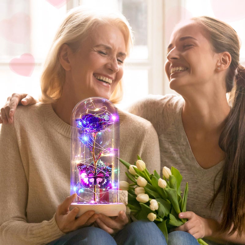 Beferr Beferr Gifts for Women Birthday Gifts Galaxy Rose Eternal Flower Gift Light Up Rose with Butterfly in Glass Dome Mothers Day Ideas Gifts for Grandma Wife Sister Friends Purple - Image 3