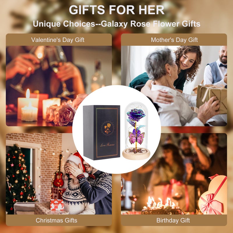 Beferr Beferr Gifts for Women Birthday Gifts Galaxy Rose Eternal Flower Gift Light Up Rose with Butterfly in Glass Dome Mothers Day Ideas Gifts for Grandma Wife Sister Friends Purple - Image 5